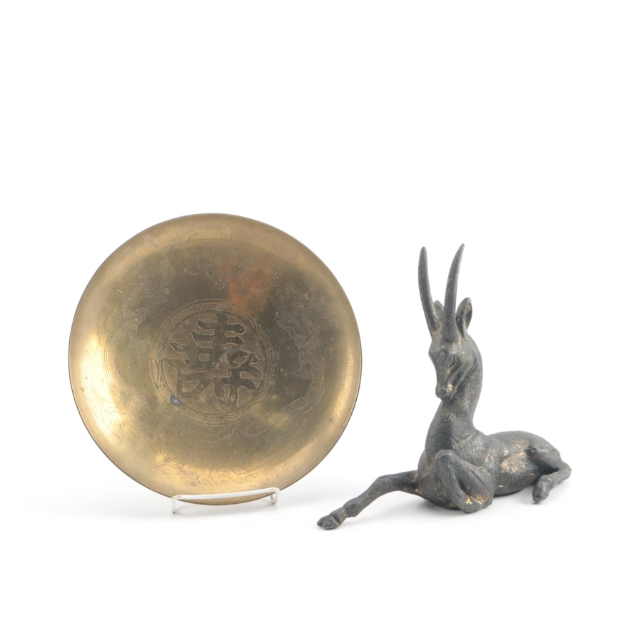 Chinese Brass Bowl with Cast Metal Antelope Figurine