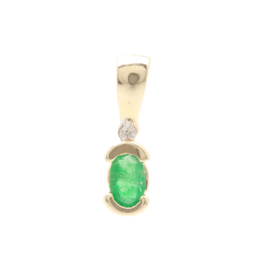 14K Yellow Gold Emerald and Diamond Pendant