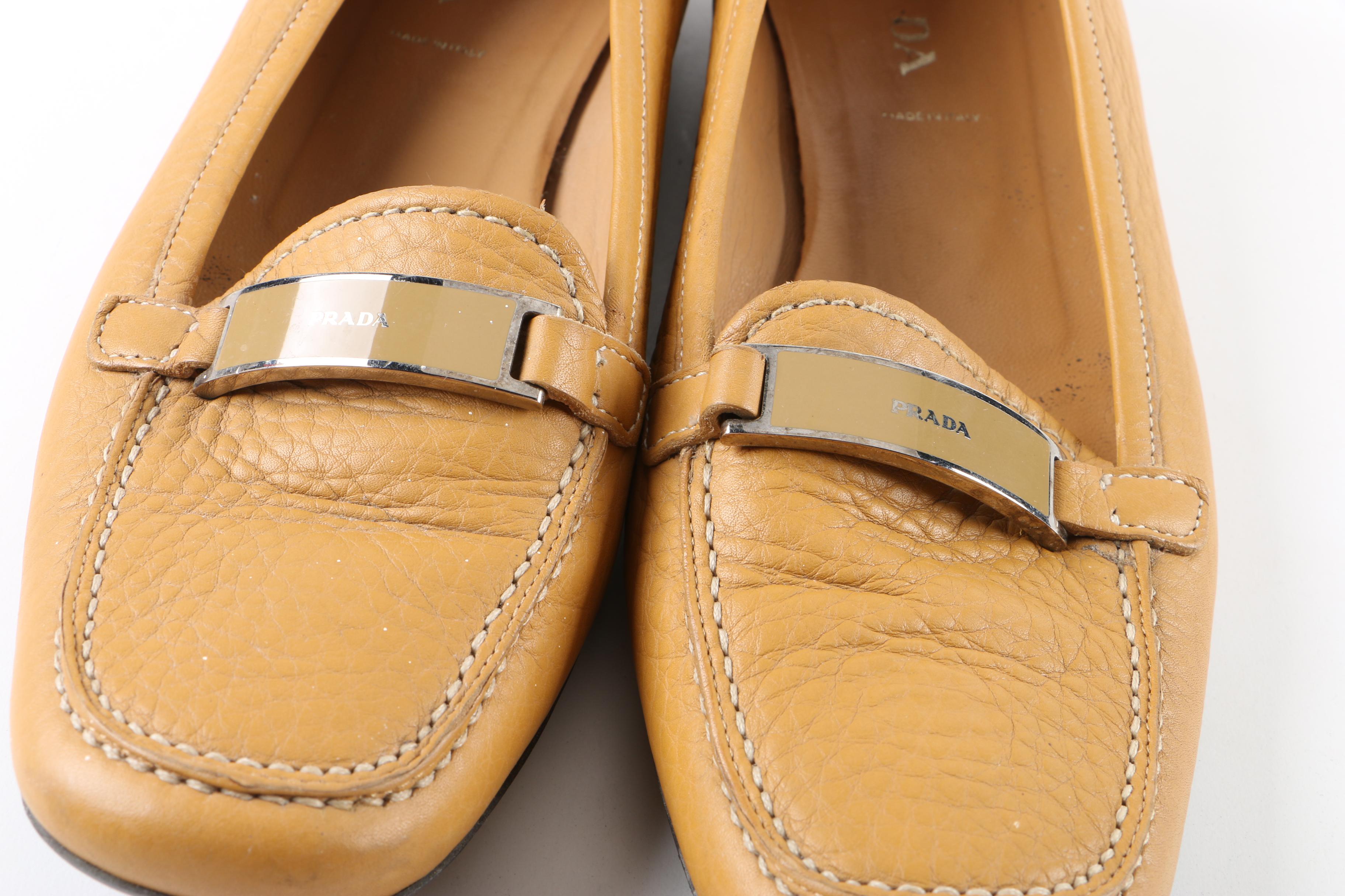 Women's Prada Camel-Colored Pebbled Leather Loafers