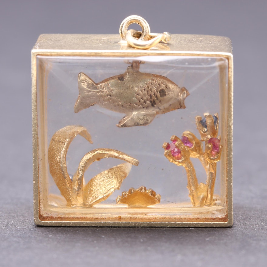 14K Yellow Gold Ruby and Blue Sapphire Fish Tank Pendant