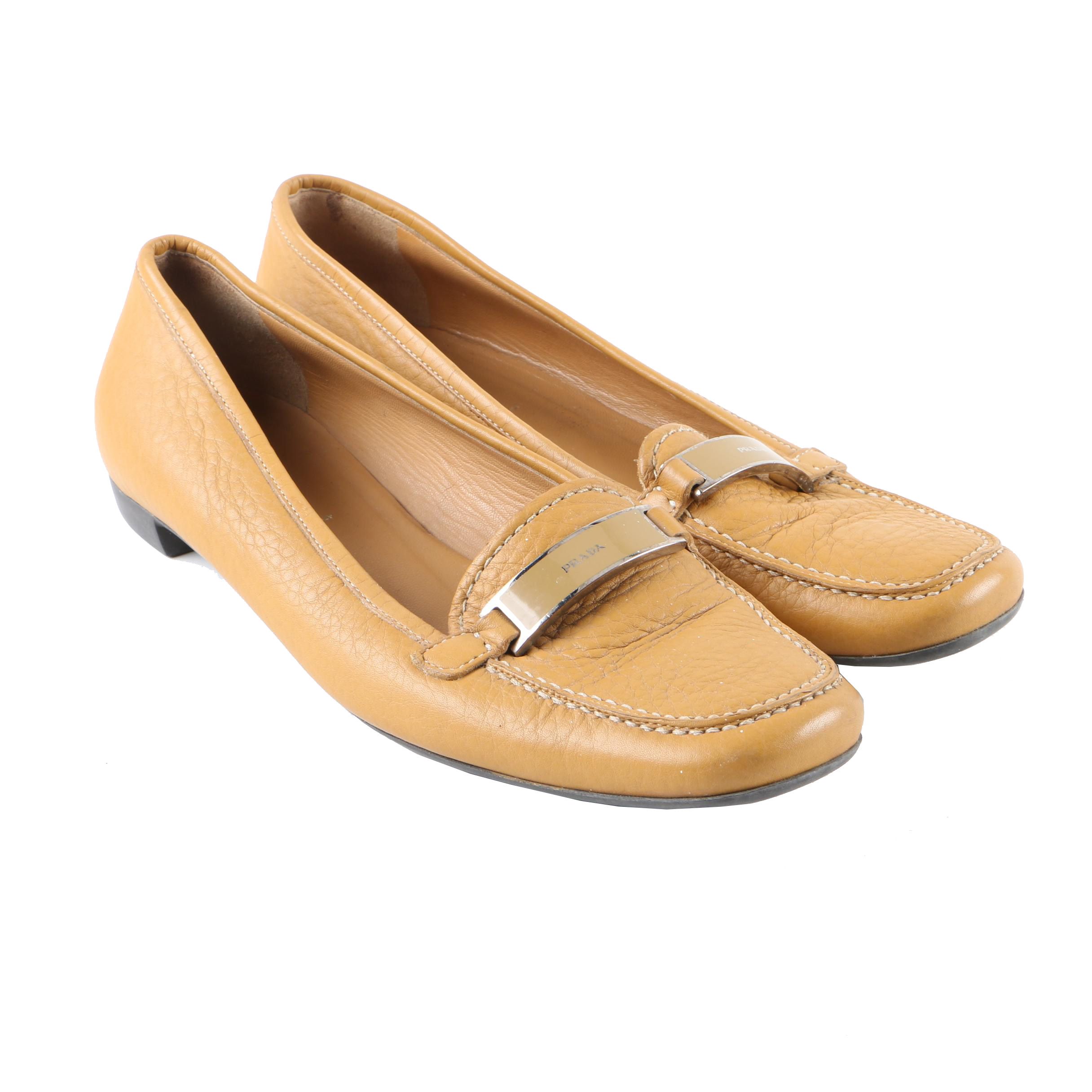 Women's Prada Camel-Colored Pebbled Leather Loafers