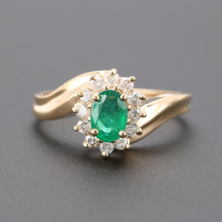 14K Yellow Gold Emerald and Diamond Bypass Ring