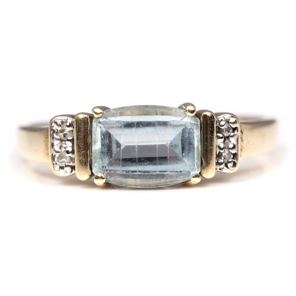 10K Yellow Gold, Blue Topaz, and Diamond Ring