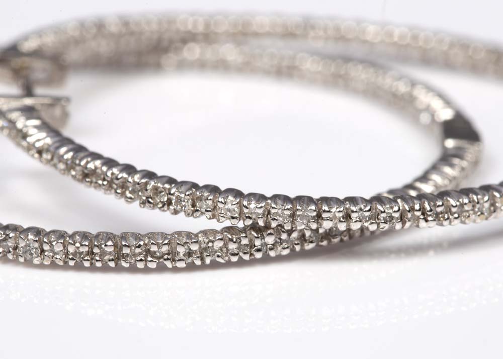 14K White Gold and 1.00 CTW Diamond Inside-Out Hoop Earrings