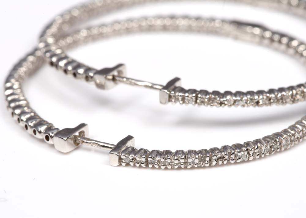 14K White Gold and 1.00 CTW Diamond Inside-Out Hoop Earrings