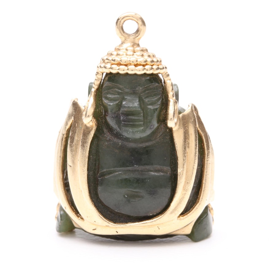 14K Yellow Gold Nephrite Buddha Pendant