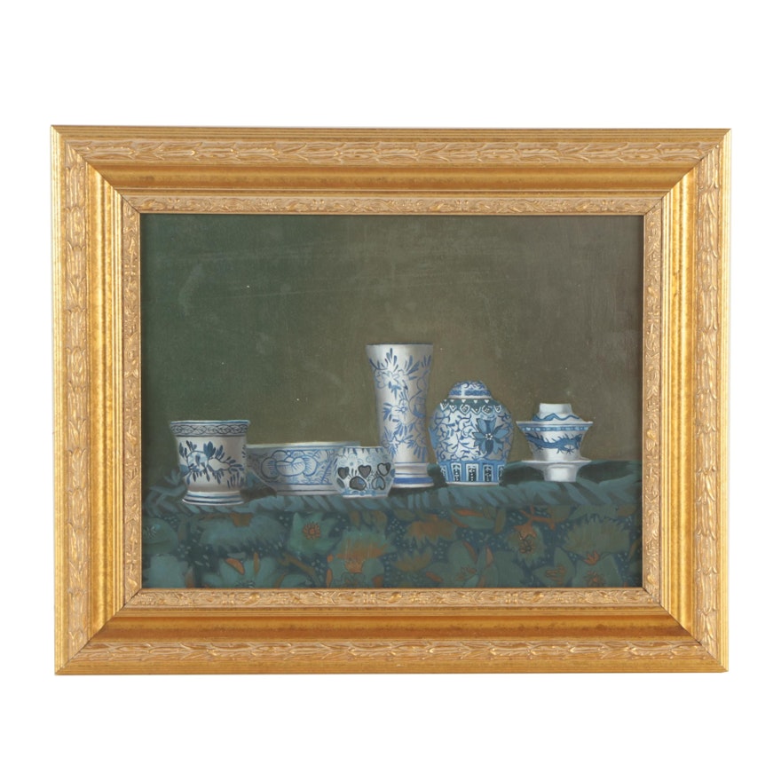 Still Life Oil Painting of Blue and White Pottery