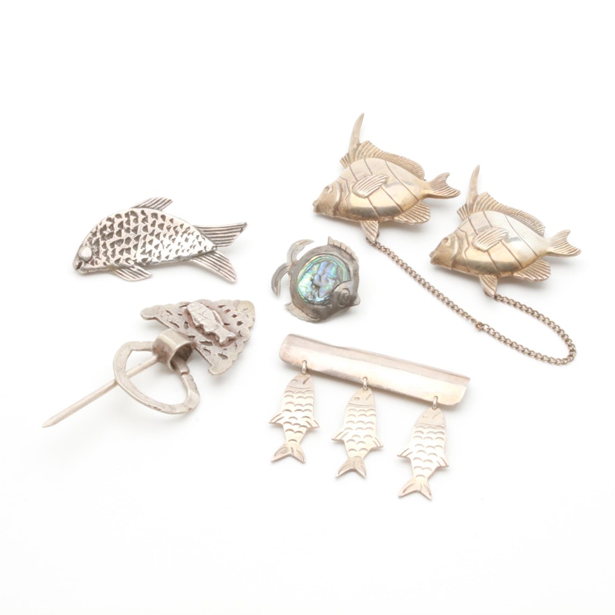 Assorted Sterling Silver and Base Metal Fish Themed Brooches