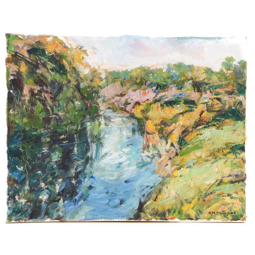 R.M Mortensen Impressionist Oil Painting on Canvas of Landscape