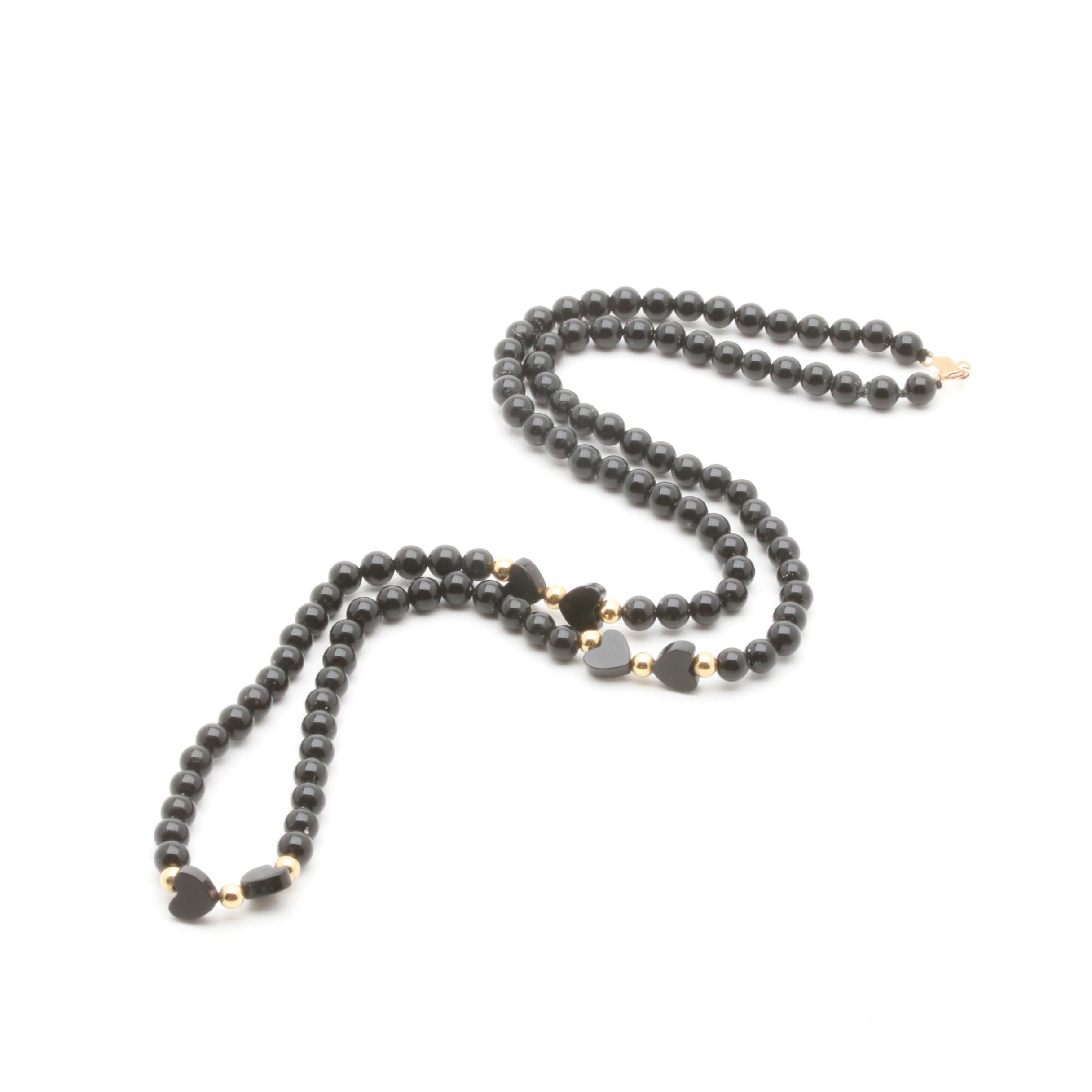 14K Yellow Gold Black Onyx Necklace and Cultured Pearl Brooch