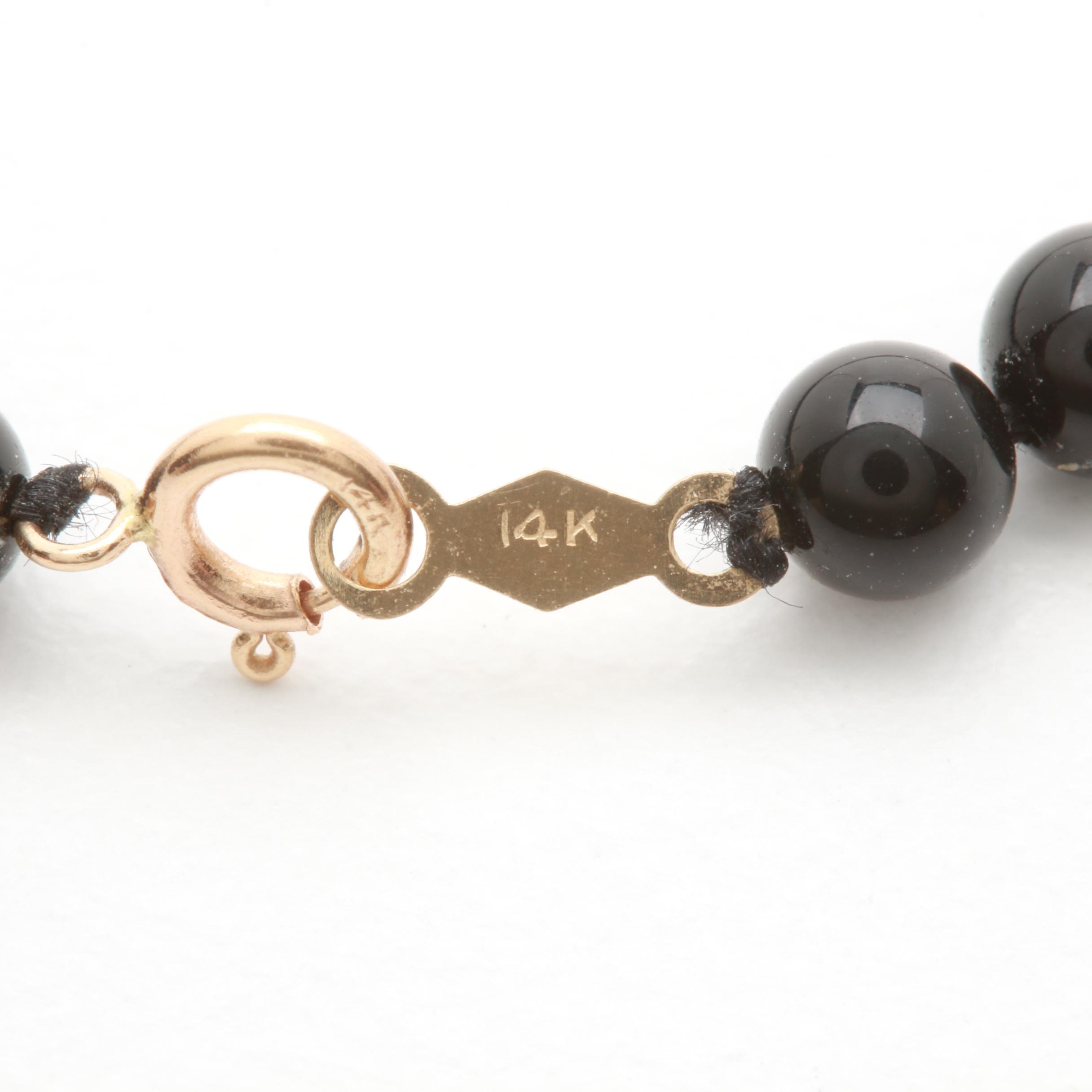 14K Yellow Gold Black Onyx Necklace and Cultured Pearl Brooch