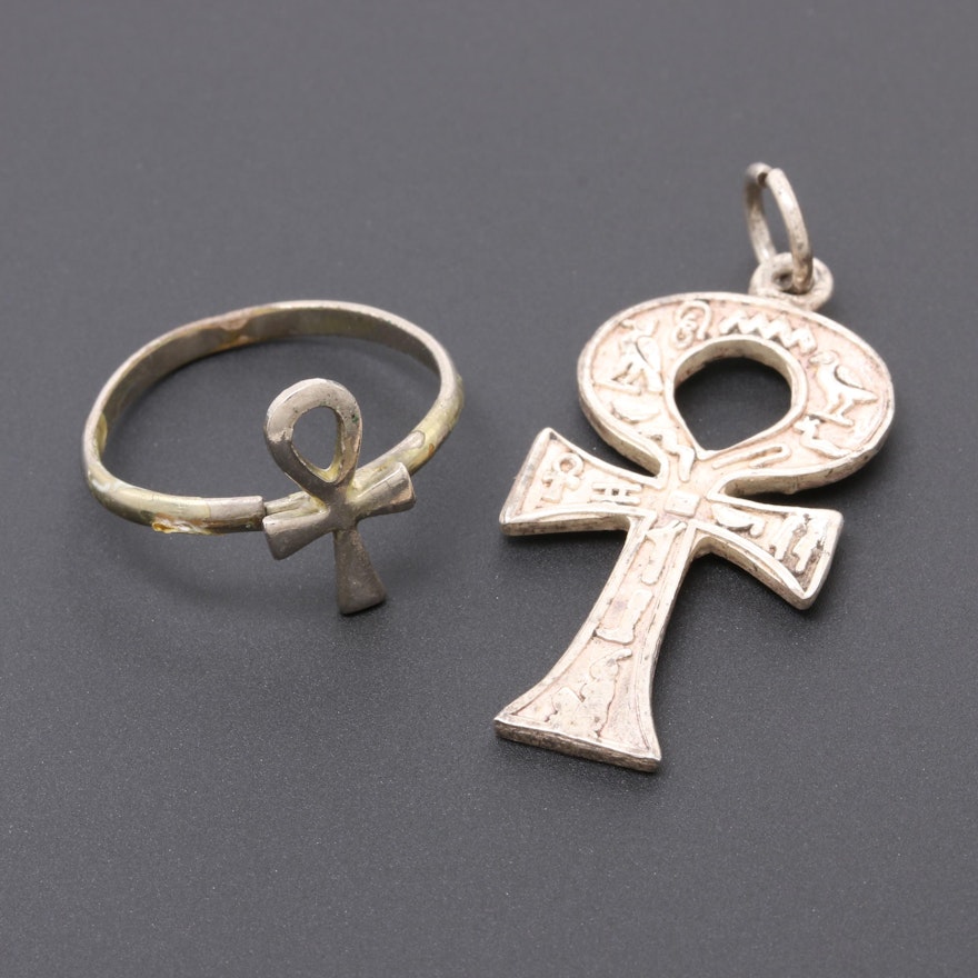 850 Silver Hieroglyphic Ankh Pendant and Base Metal Ring