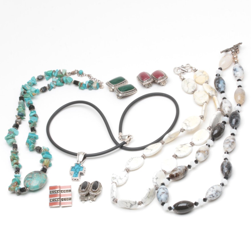 Sterling Silver Necklace and Earring Assortment with Magnesite and Jasper