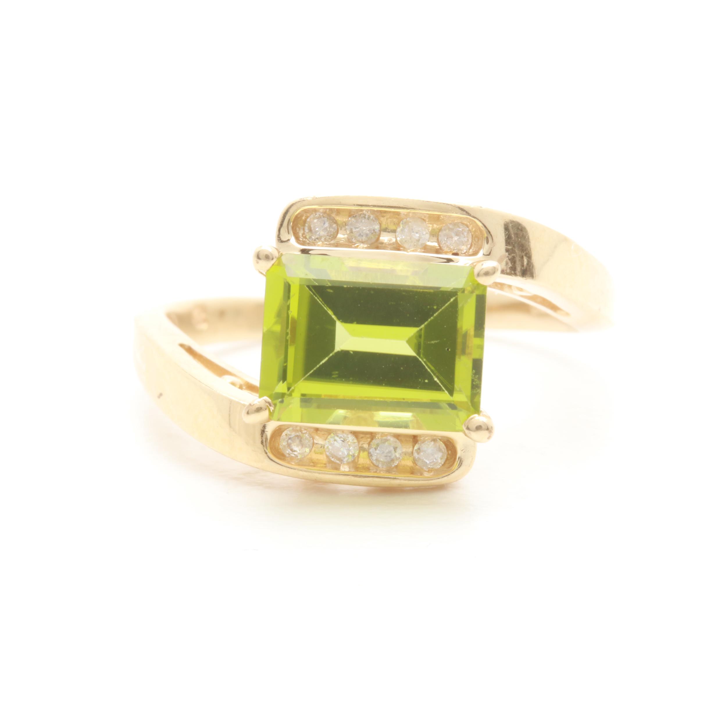 14K Yellow Gold Peridot and Diamond Ring