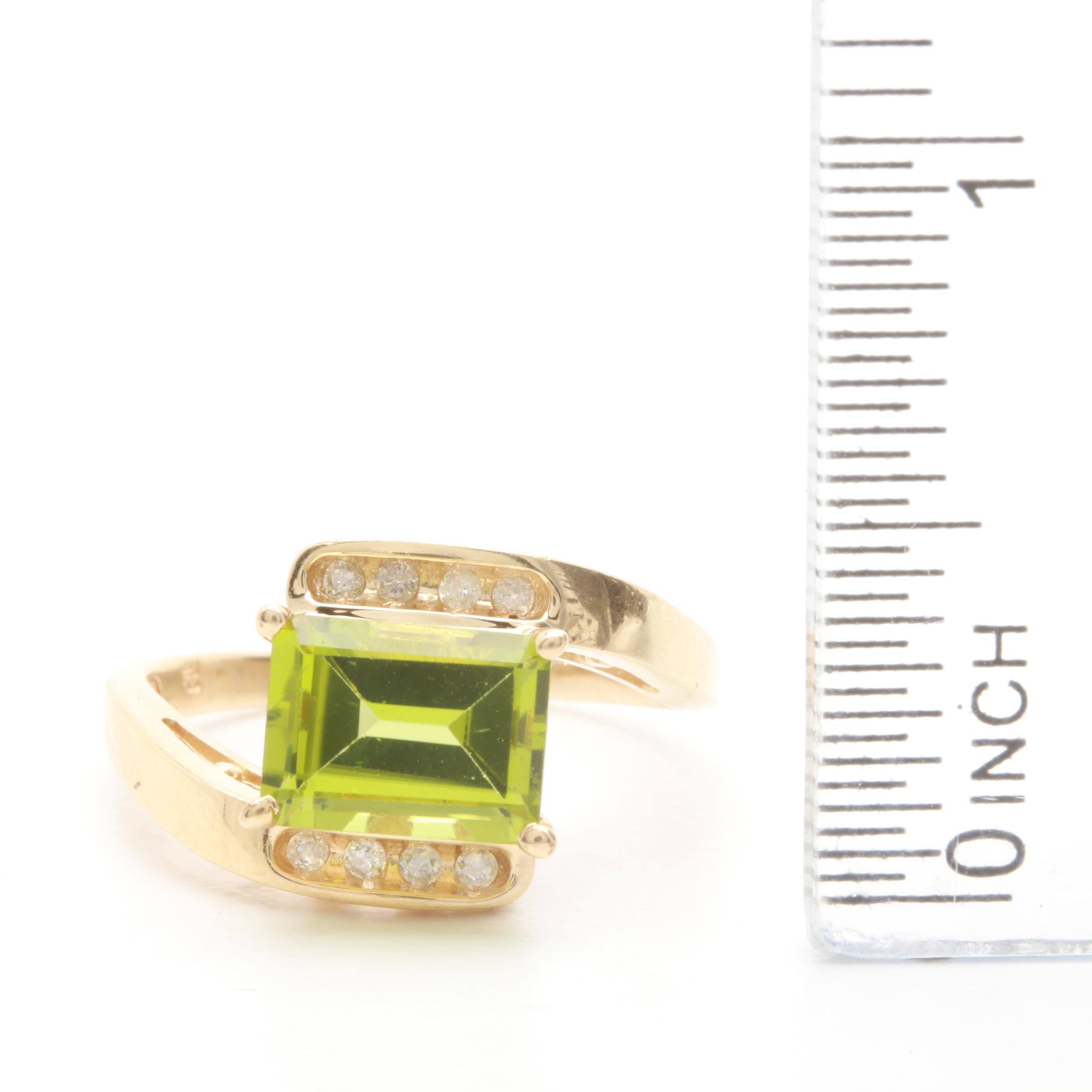 14K Yellow Gold Peridot and Diamond Ring