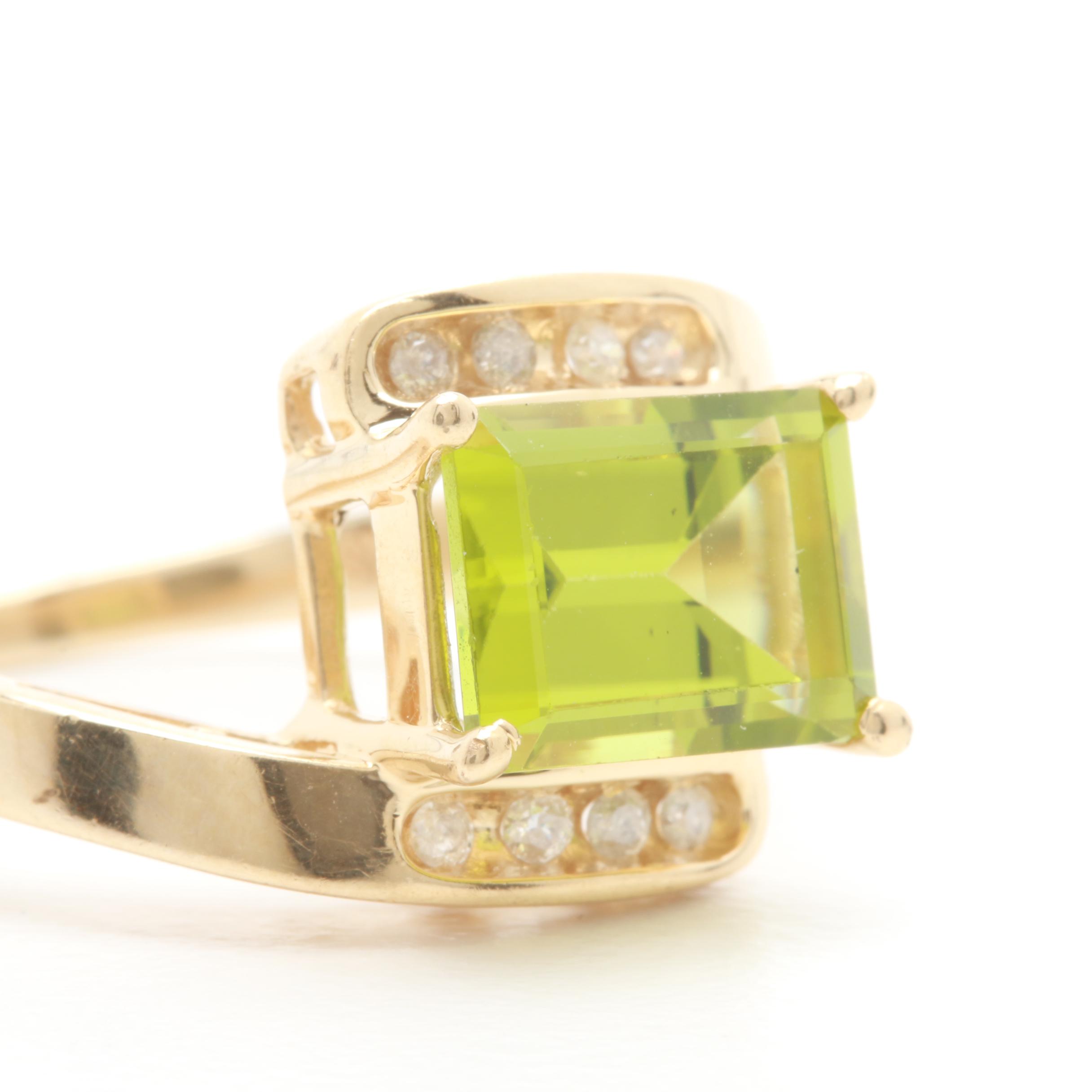 14K Yellow Gold Peridot and Diamond Ring