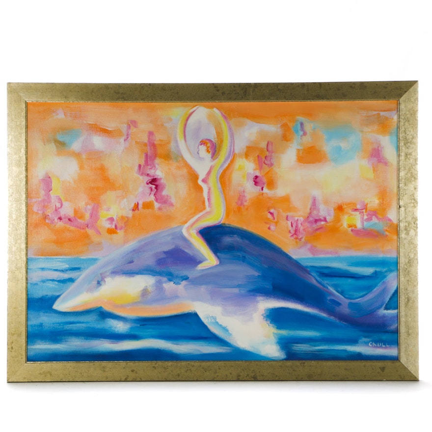 Elizabeth O'Neill Acrylic Painting on Canvas of Figure Riding Dolphin