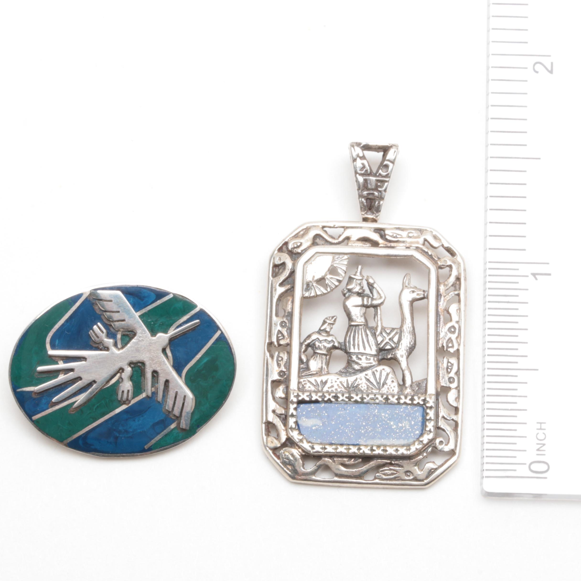 950 Silver Lapis Lazuli and Imitation Stone Pendant and Converter Brooch