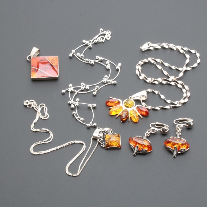 Sterling Silver Necklace and Earring Assortment Featuring Amber