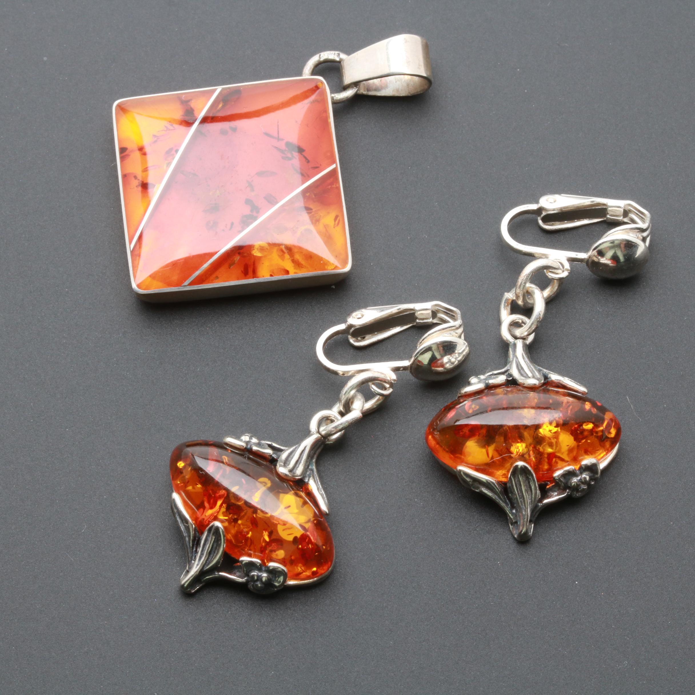 Sterling Silver Necklace and Earring Assortment Featuring Amber