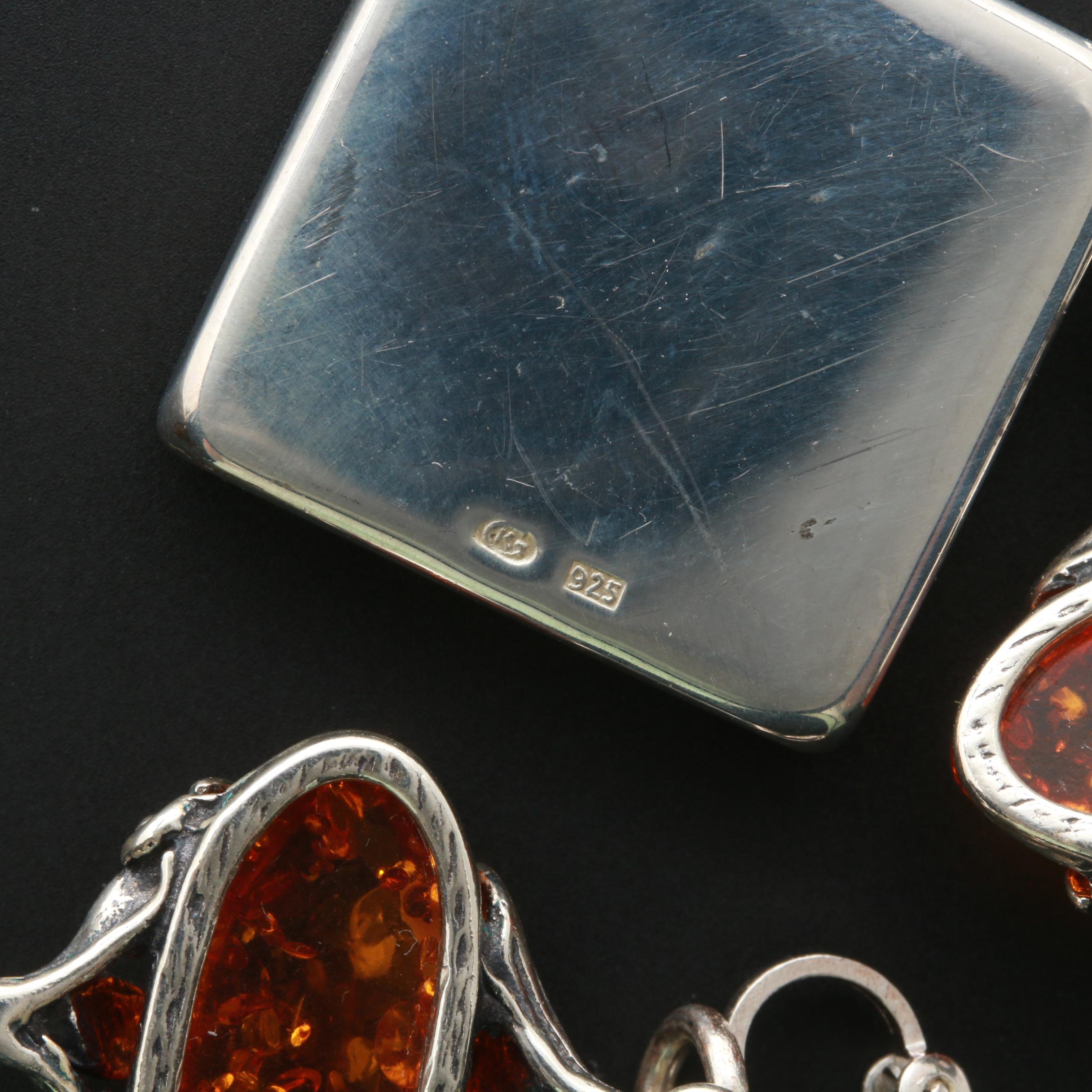 Sterling Silver Necklace and Earring Assortment Featuring Amber
