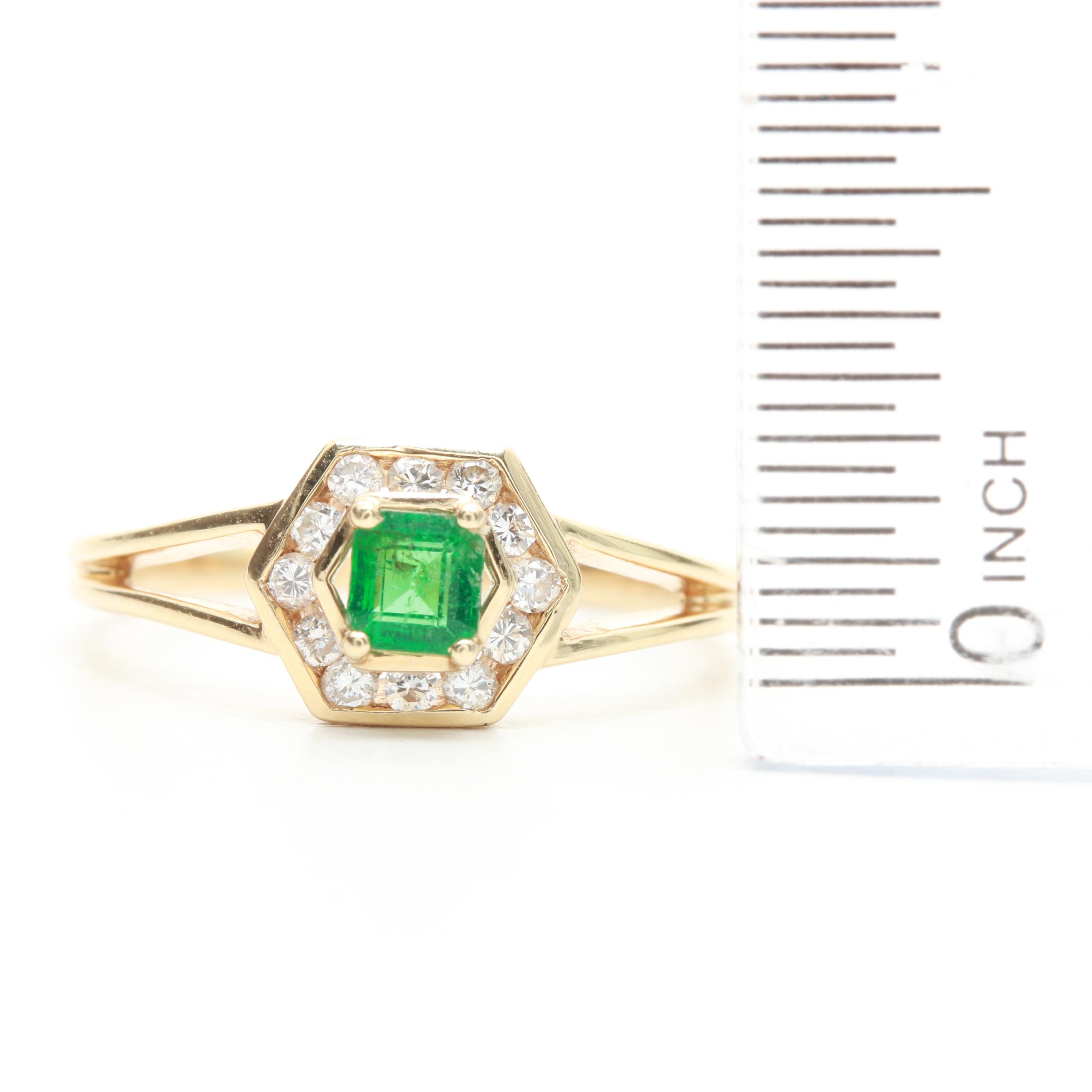 14K Yellow Gold Emerald and Diamond Ring