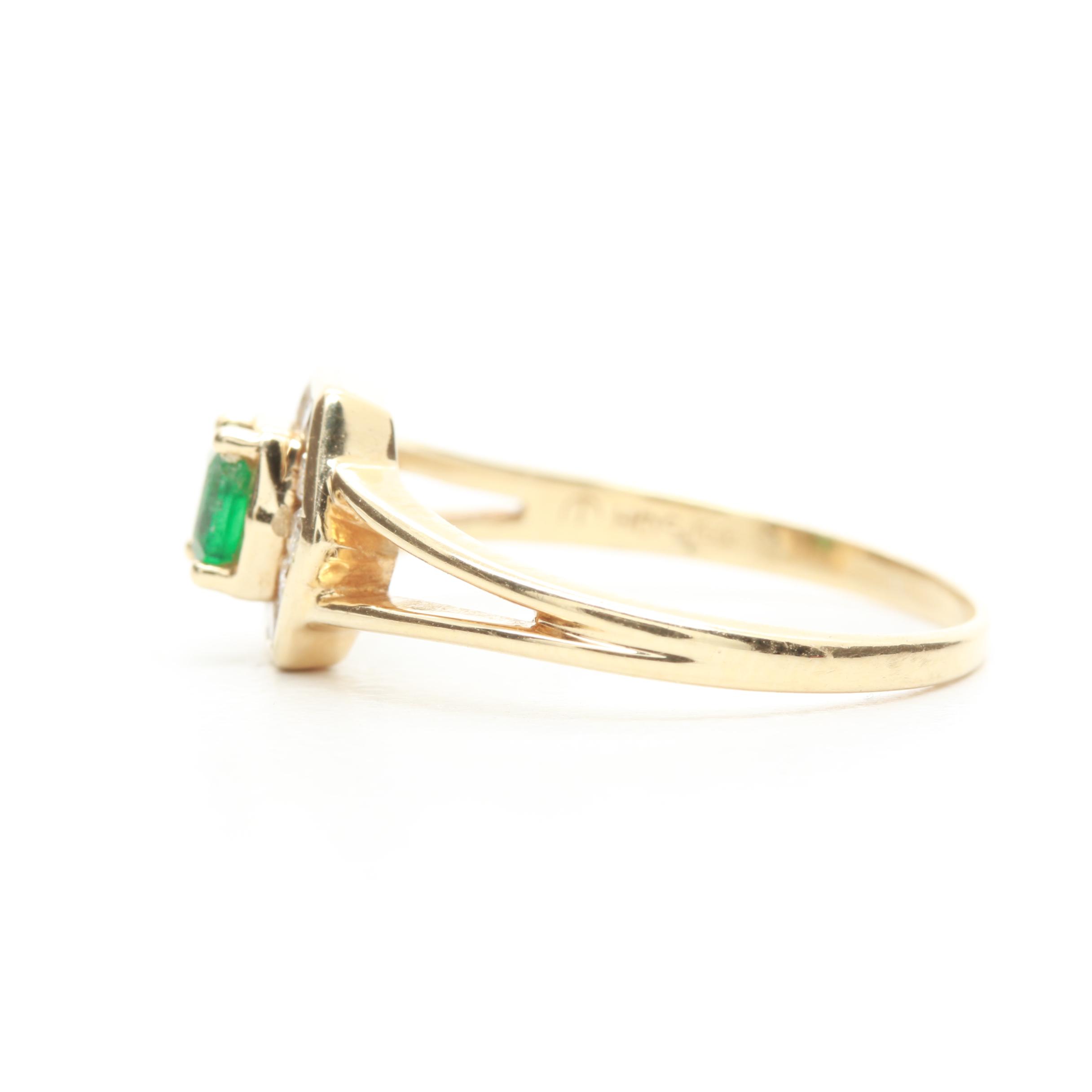 14K Yellow Gold Emerald and Diamond Ring