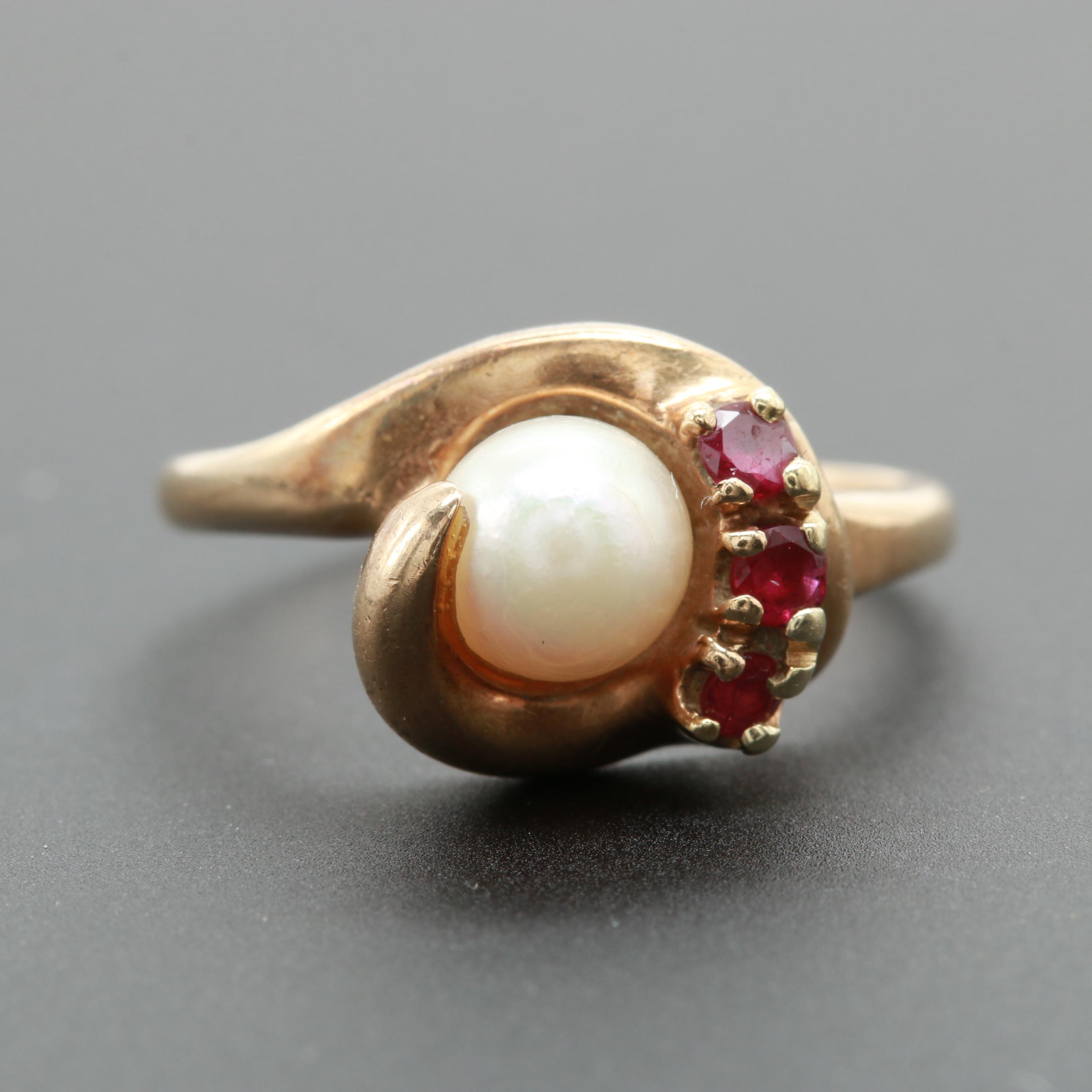 10K Yellow Gold Pearl and Ruby Ring