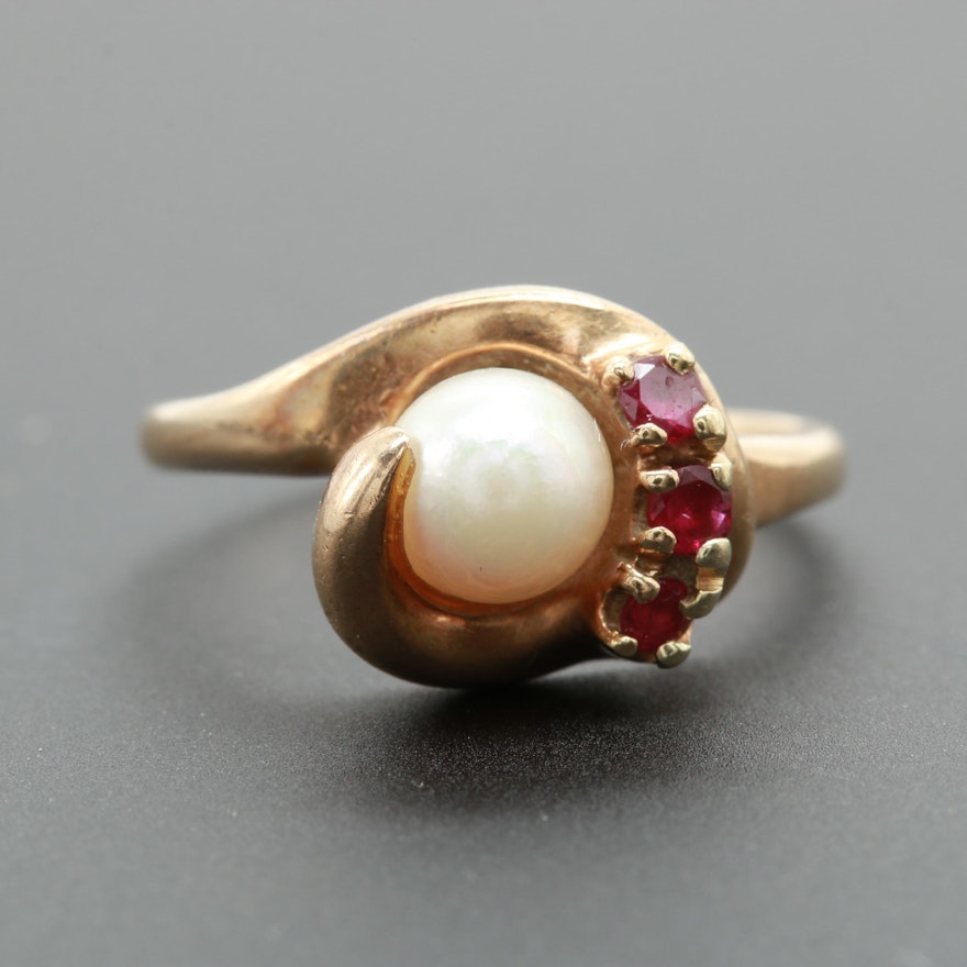 10K Yellow Gold Pearl and Ruby Ring