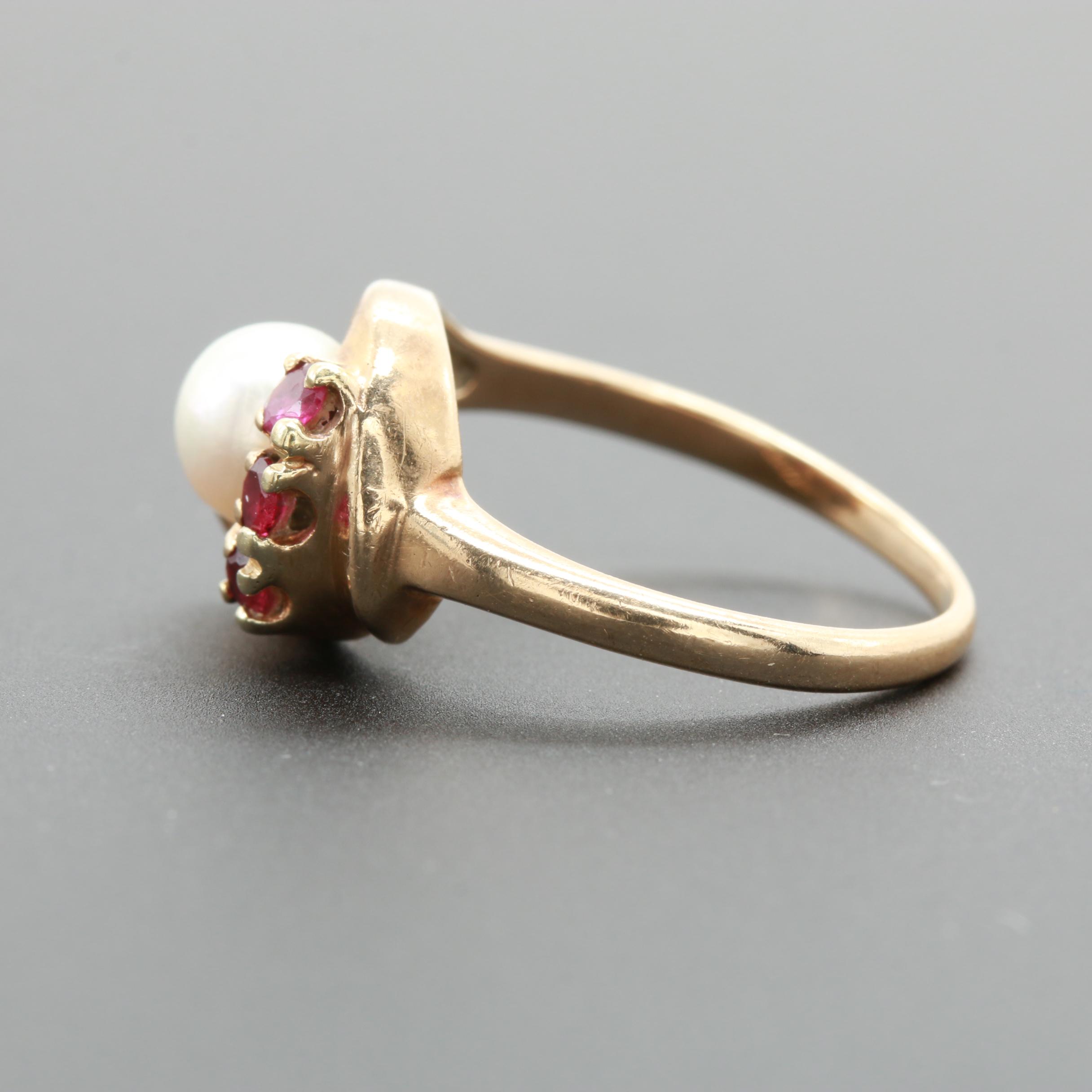 10K Yellow Gold Pearl and Ruby Ring
