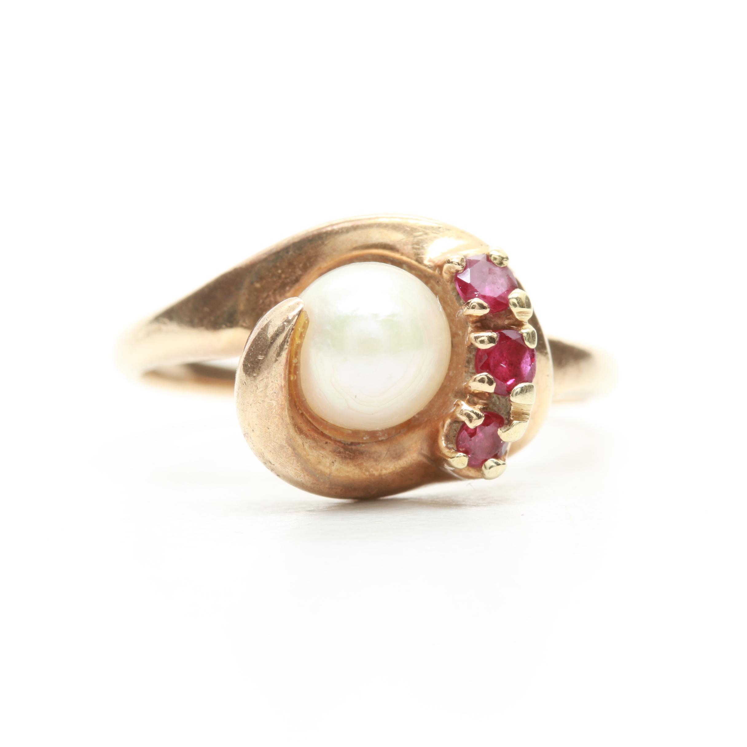 10K Yellow Gold Pearl and Ruby Ring