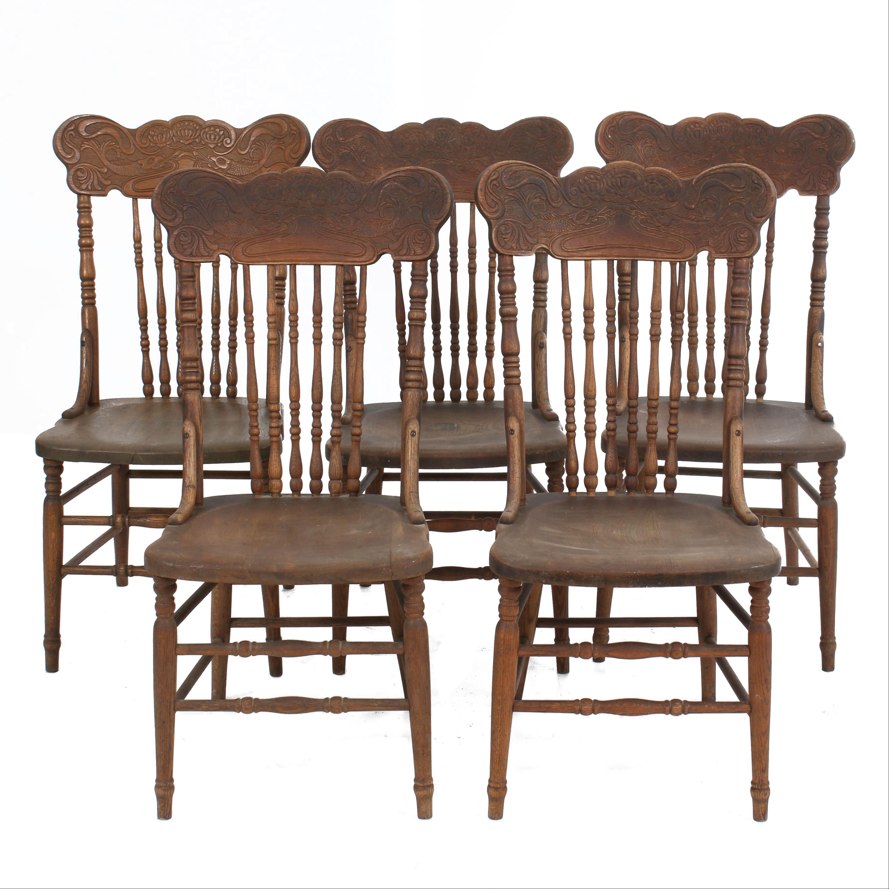Antique Late Victorian Oak Press-Back Dining Side Chairs