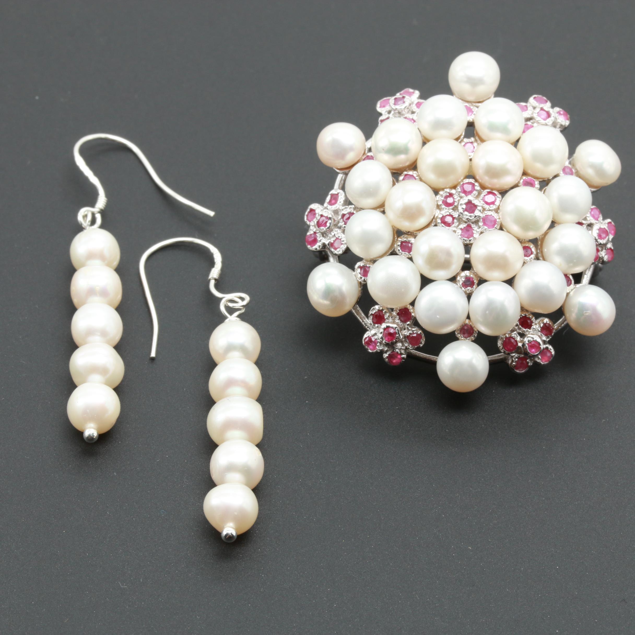 Sterling Silver Cultured Pearl and Ruby Brooch and Earrings