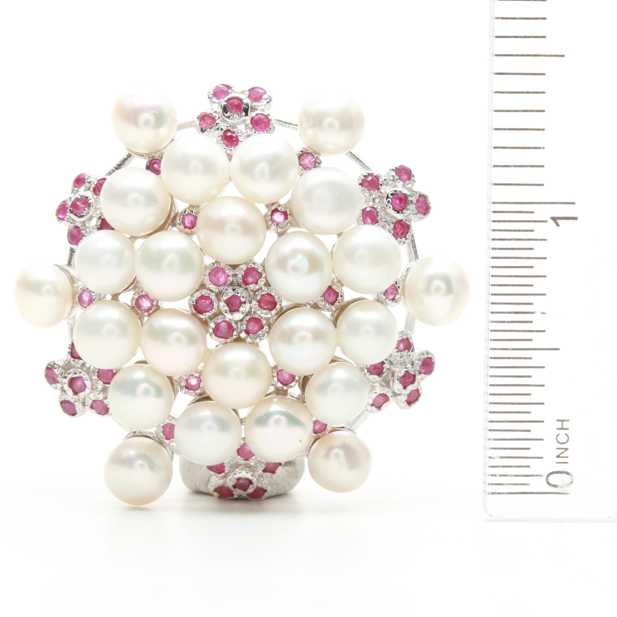 Sterling Silver Cultured Pearl and Ruby Brooch and Earrings