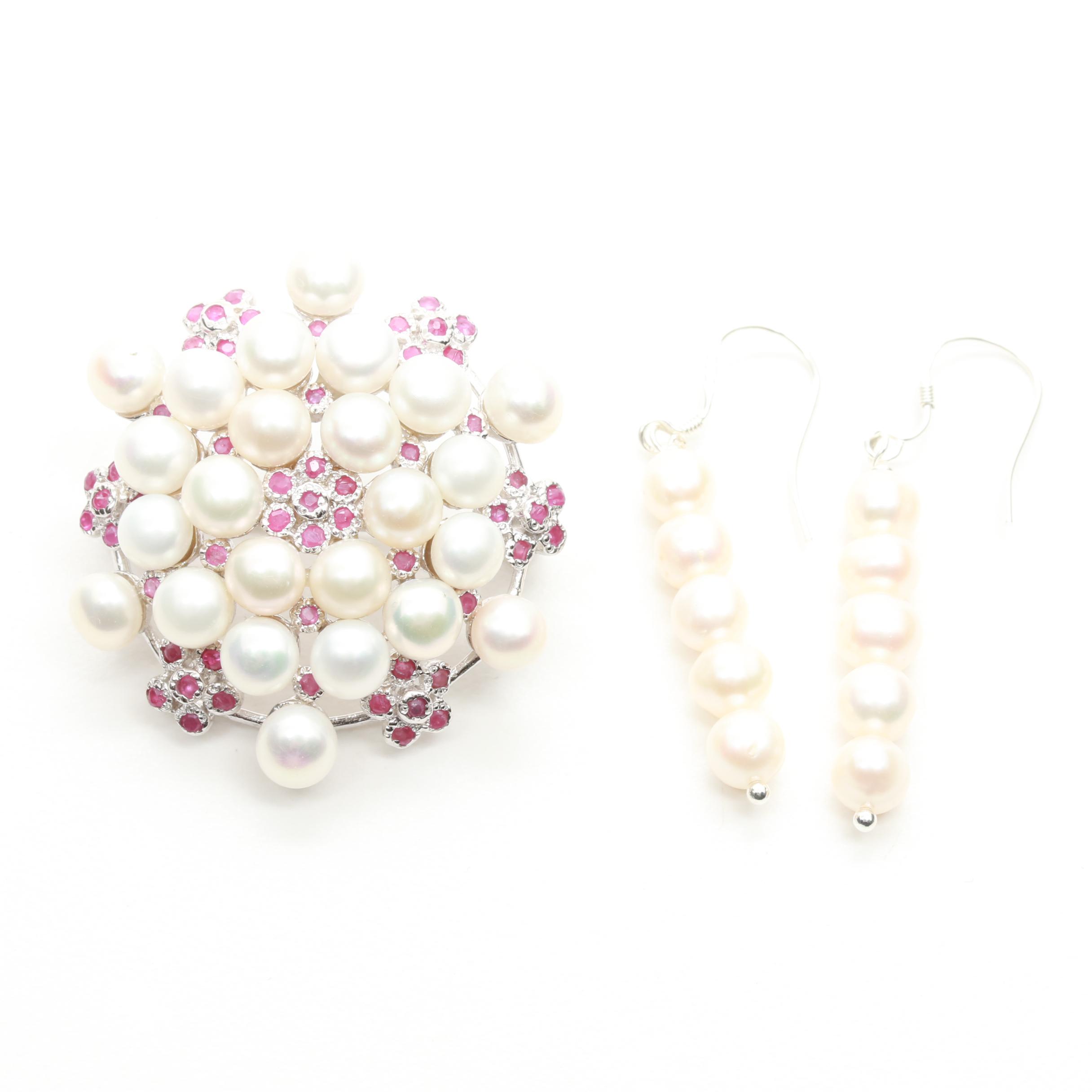 Sterling Silver Cultured Pearl and Ruby Brooch and Earrings