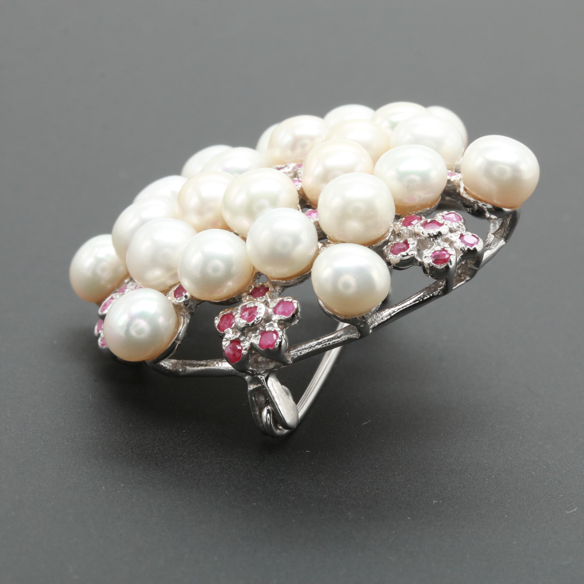 Sterling Silver Cultured Pearl and Ruby Brooch and Earrings