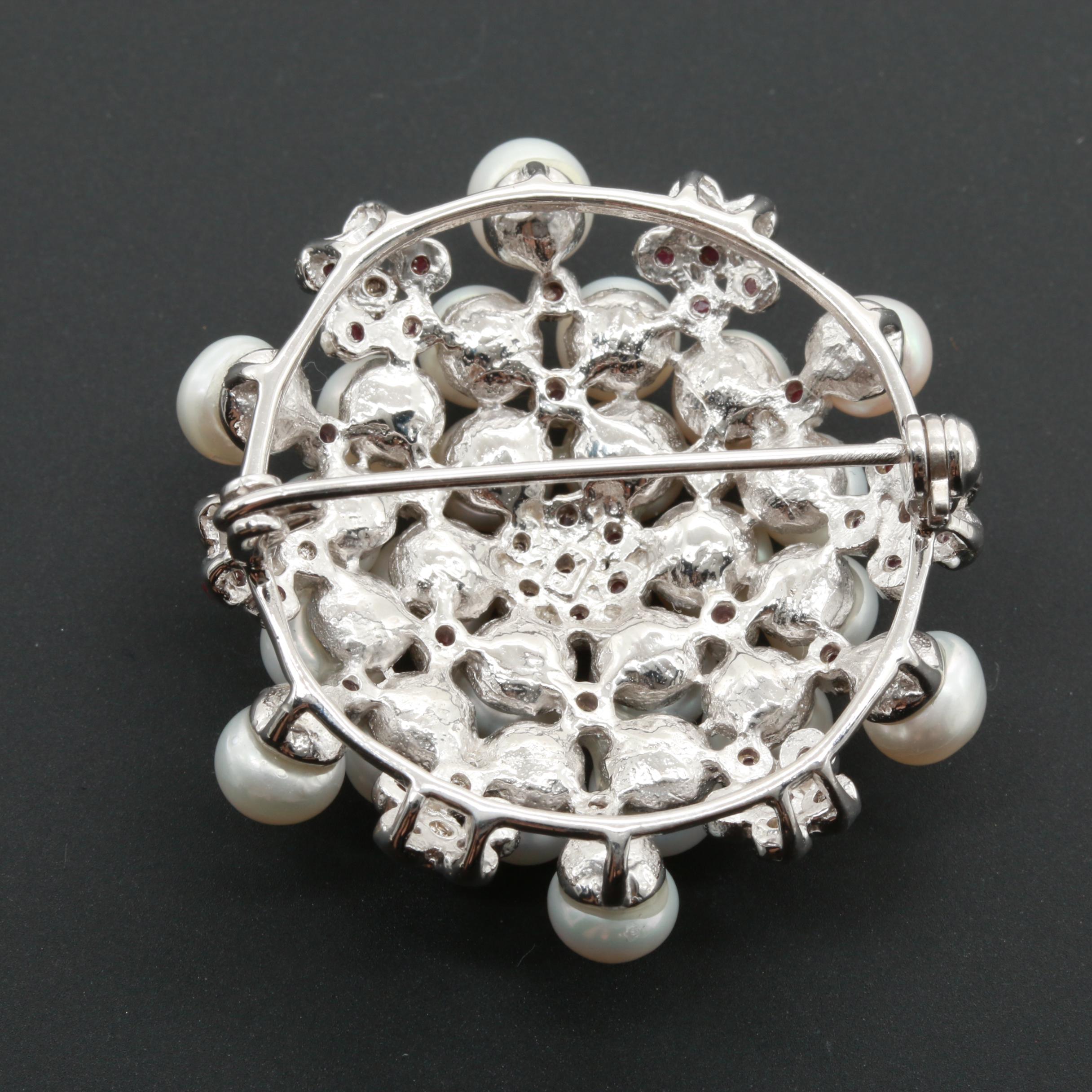 Sterling Silver Cultured Pearl and Ruby Brooch and Earrings