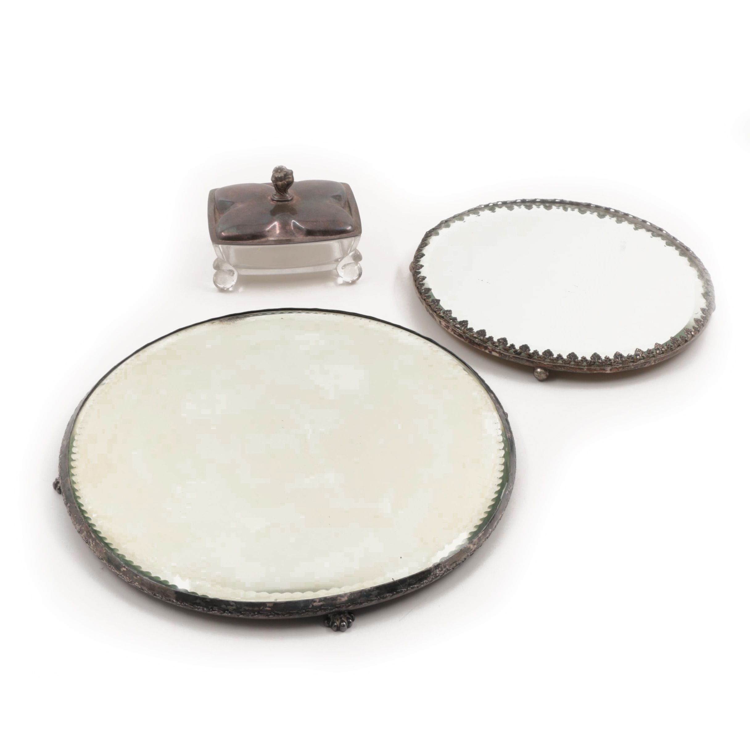 1847 Rogers Bros Silver Plate and Glass Dish and Silver Plate Mirrored Plateaus