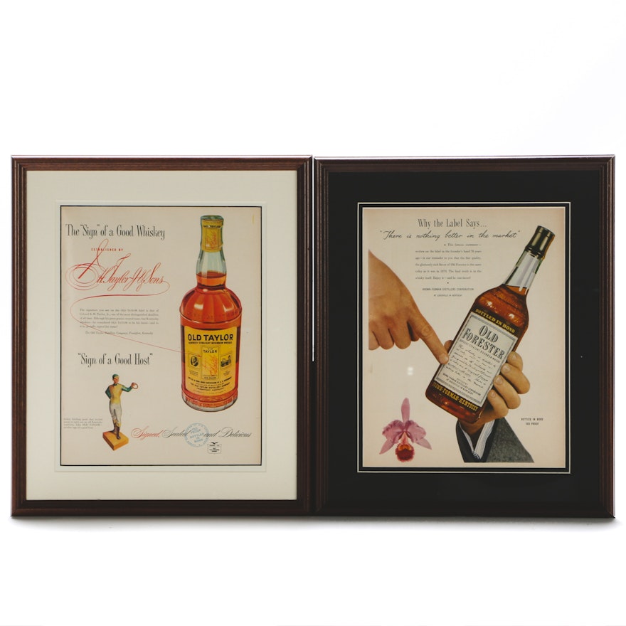 Pair of Original Circa 1940s Advertisements for Old Forester & Old Taylor