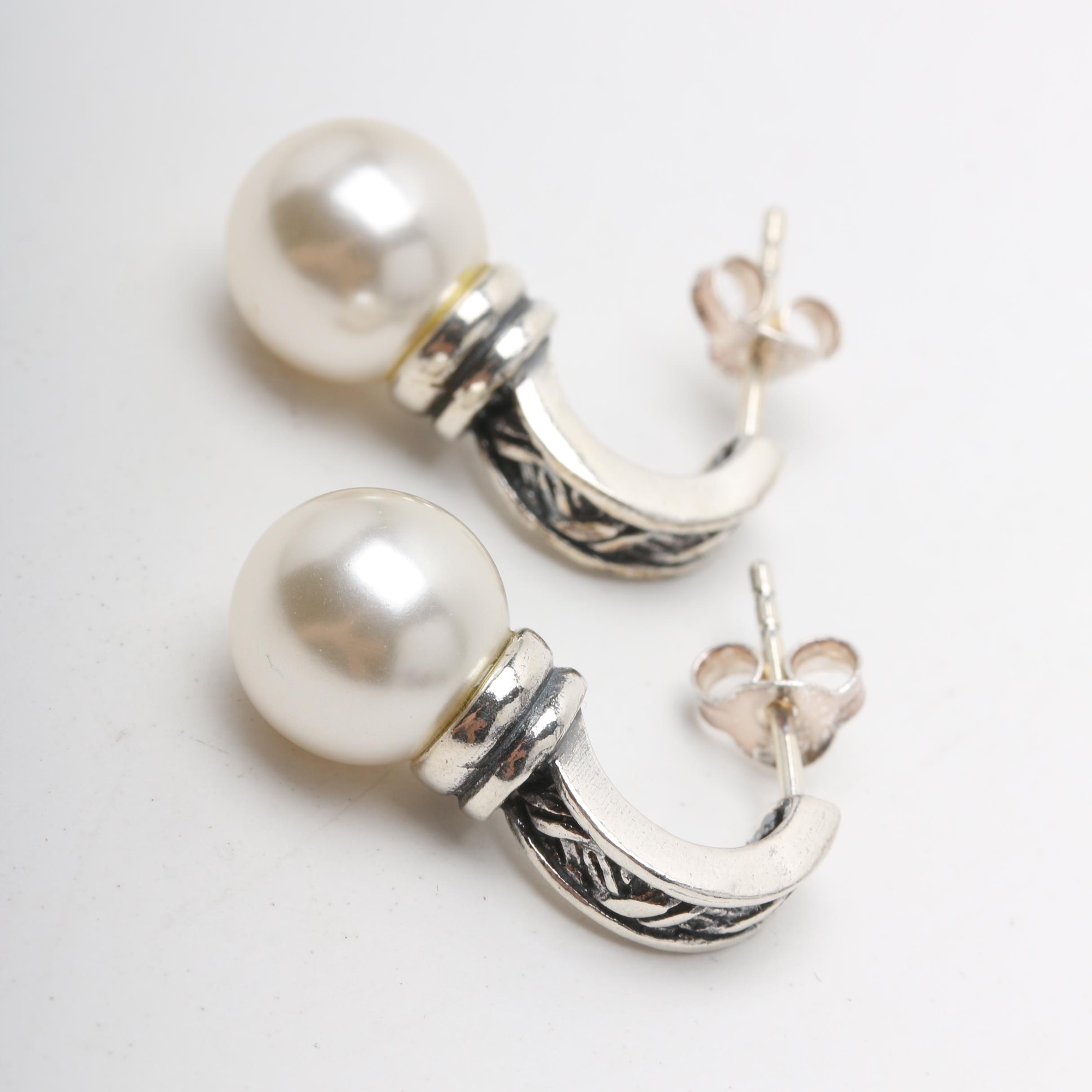 Sterling Silver Imitation Pearl Earrings and Pendant