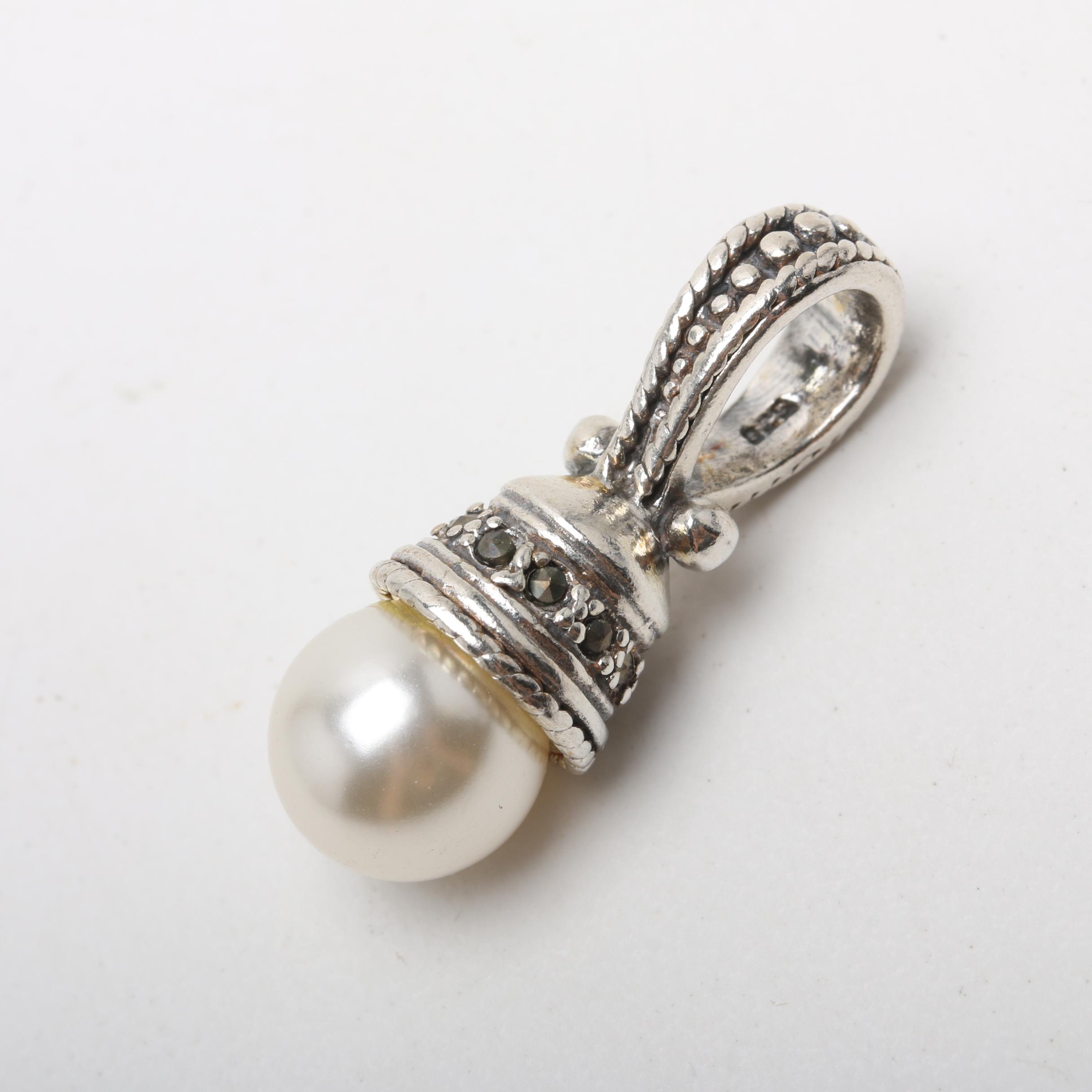 Sterling Silver Imitation Pearl Earrings and Pendant