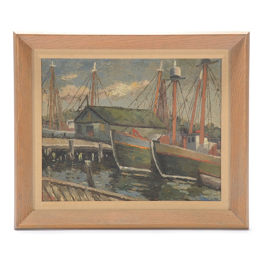 Vintage Oil Painting on Canvas Board of a Boats in a Harbor