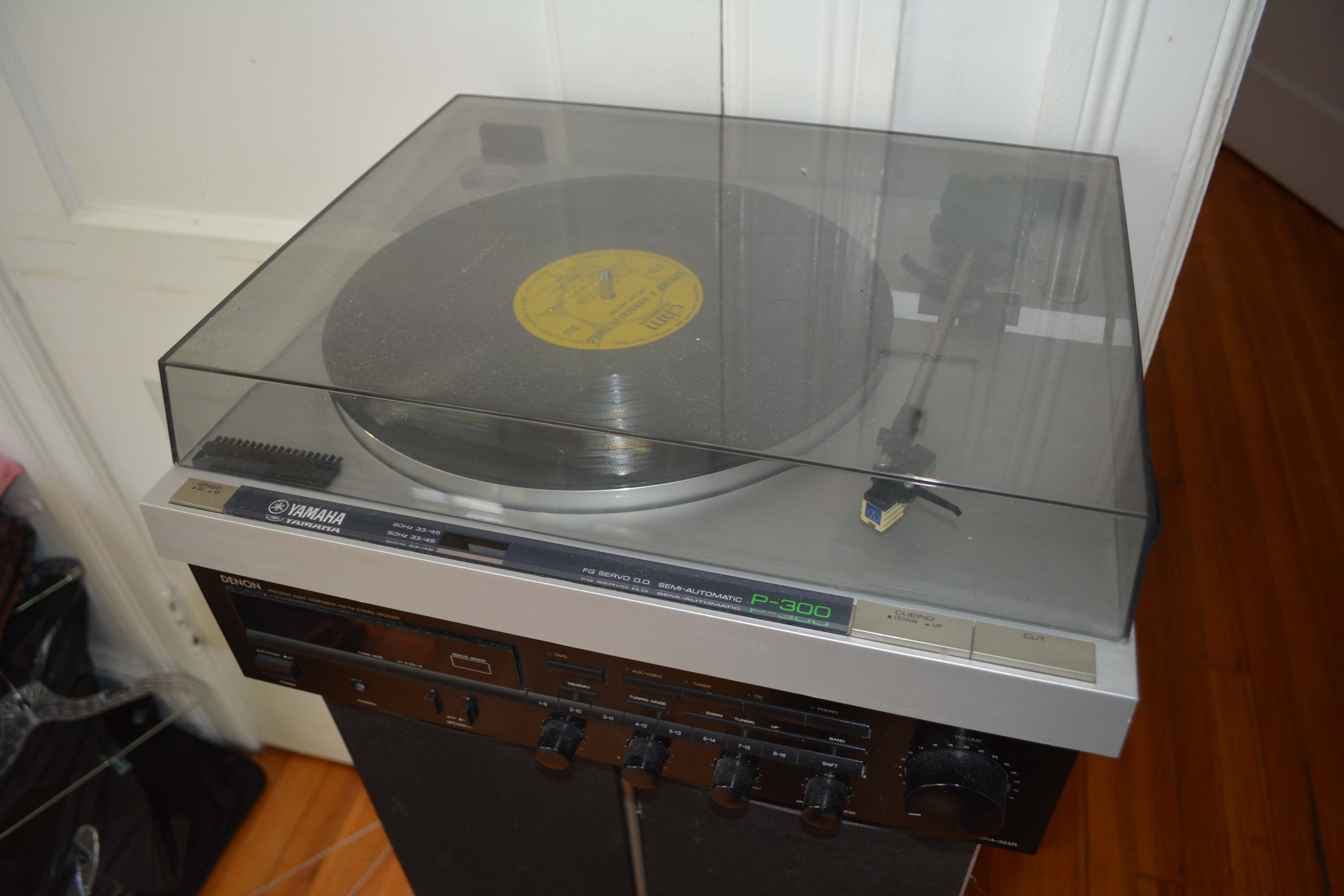 Vintage Yamaha P-300 Turntable with Denon Receiver and Polk Audio Speakers