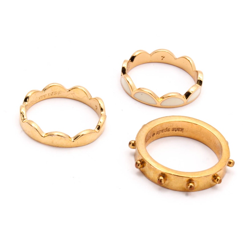 Three Kate Spade New York Gold Tone Rings Featuring Enamel