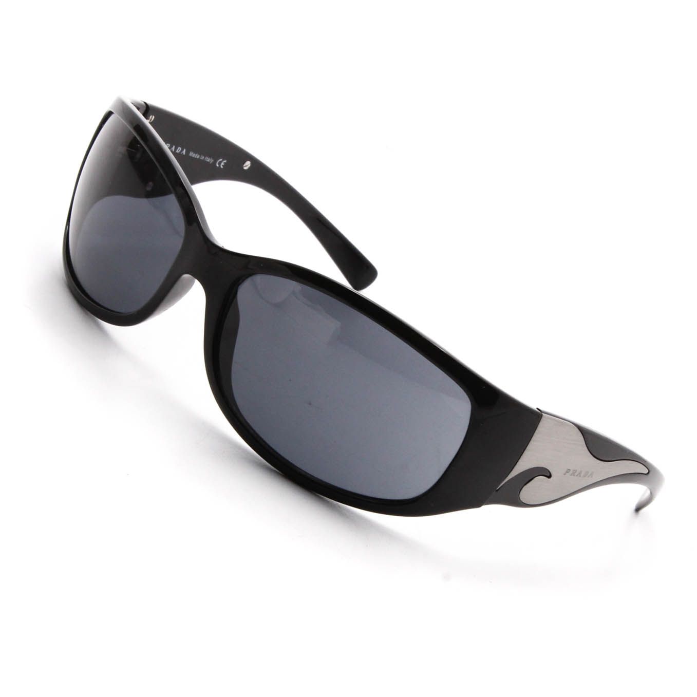 Prada Black Acetate Engraved Logo Plate Wrap Sunglasses