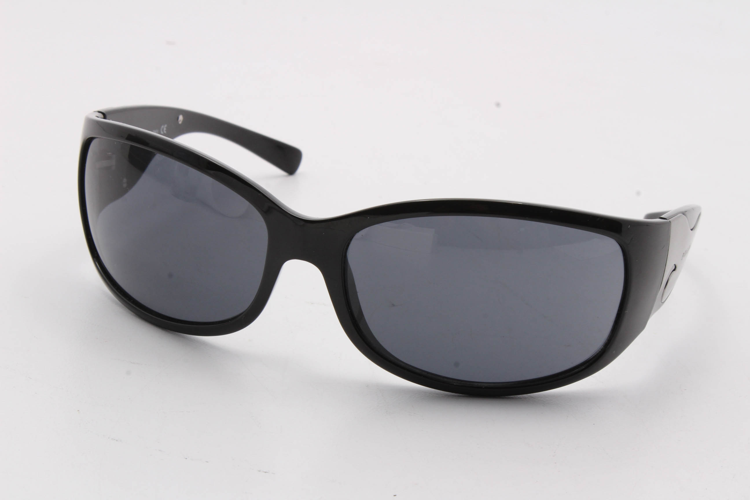 Prada Black Acetate Engraved Logo Plate Wrap Sunglasses