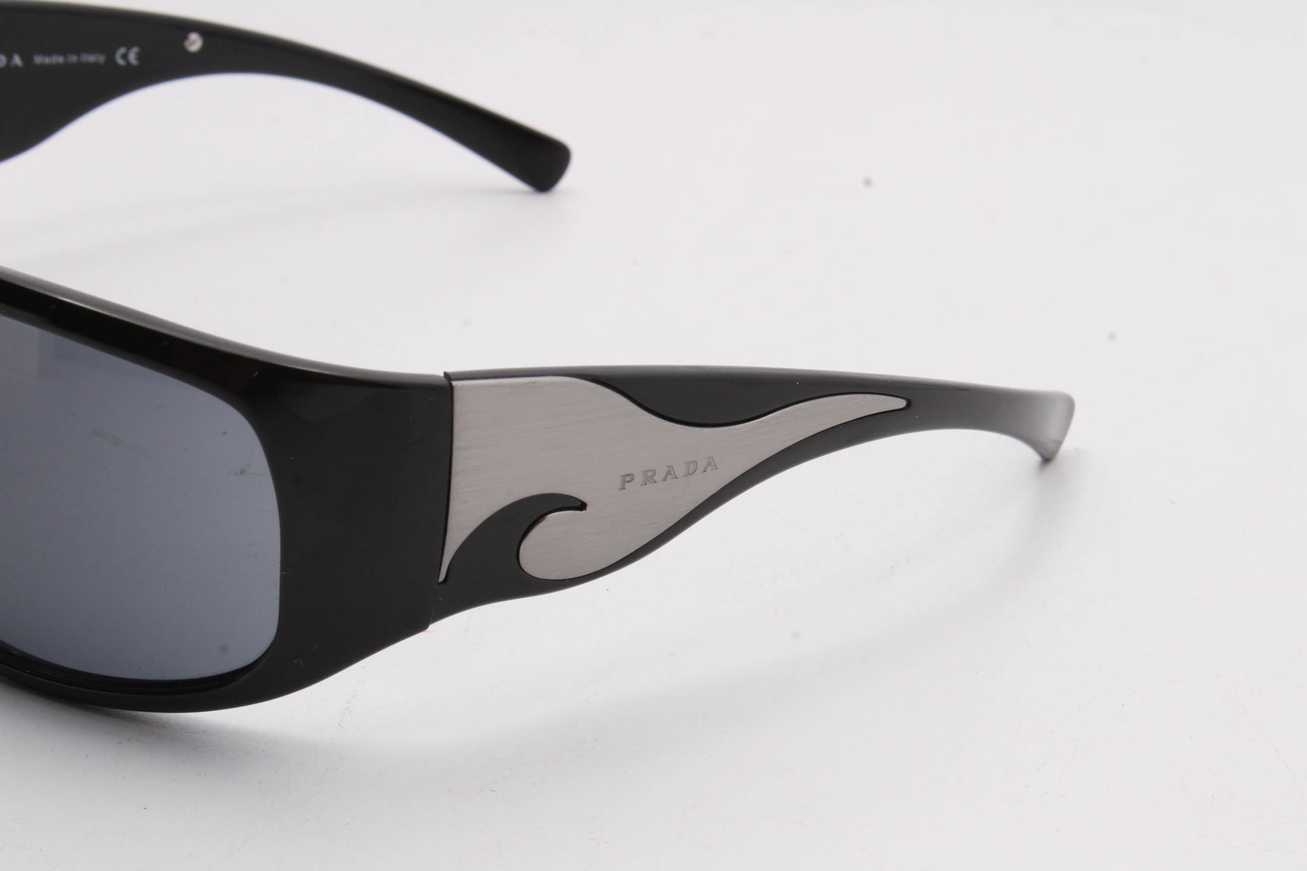 Prada Black Acetate Engraved Logo Plate Wrap Sunglasses