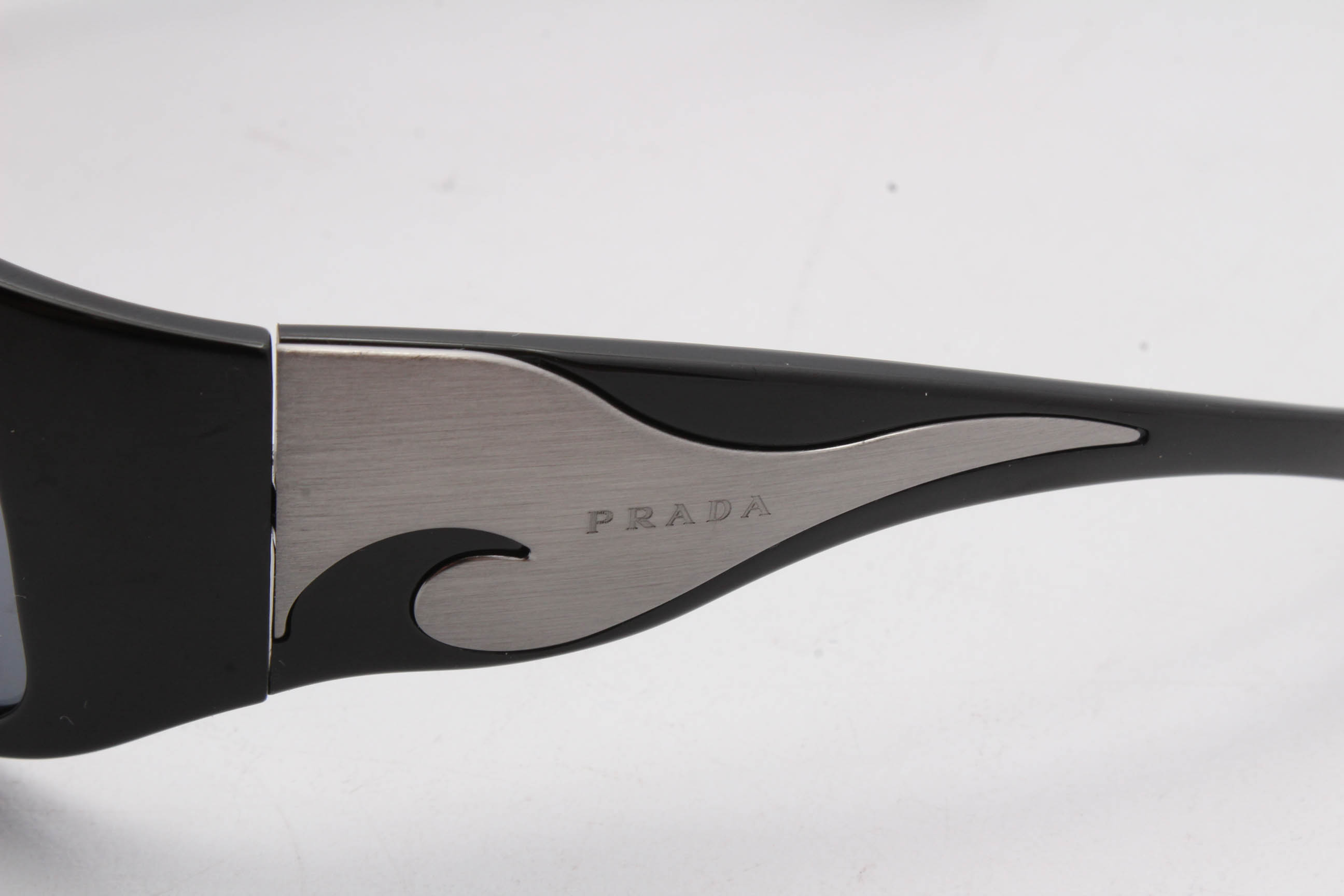 Prada Black Acetate Engraved Logo Plate Wrap Sunglasses