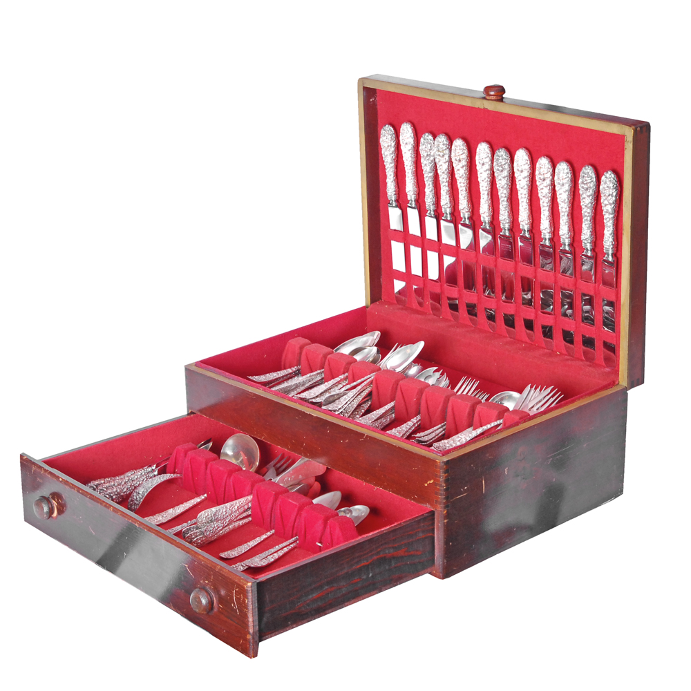 Stieff "Rose" Sterling Silver Flatware Collection with Silverware Chest