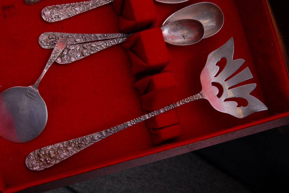 Stieff "Rose" Sterling Silver Flatware Collection with Silverware Chest